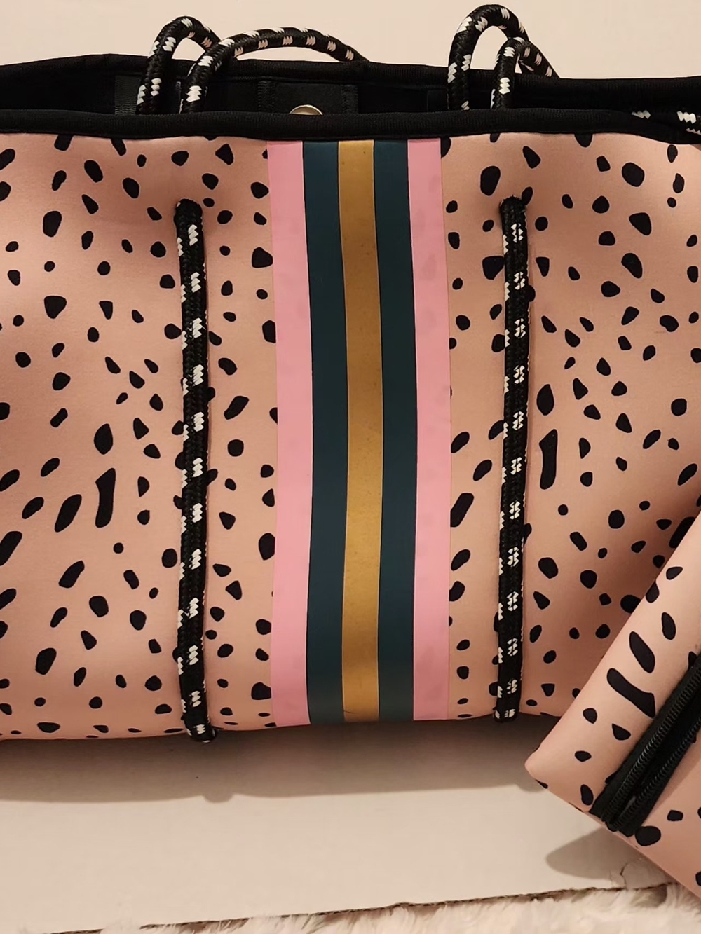 Pink Leopard-Print Neoprene Tote with Striped Accent